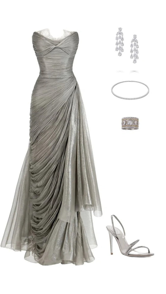 Modest Grey Sheath Evening Gowns Crawl Chiffon Formal Dresses  Elegant 23rd Birthday Outfit  ED03636