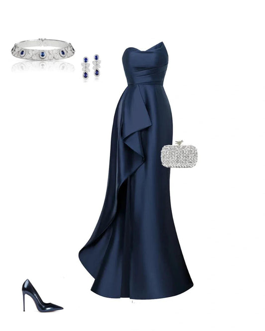 Modest Navy Blue Mermaid Evening Gowns Strapless Satin Graduation Prom Dress Elegant Formal Dresses ED03637