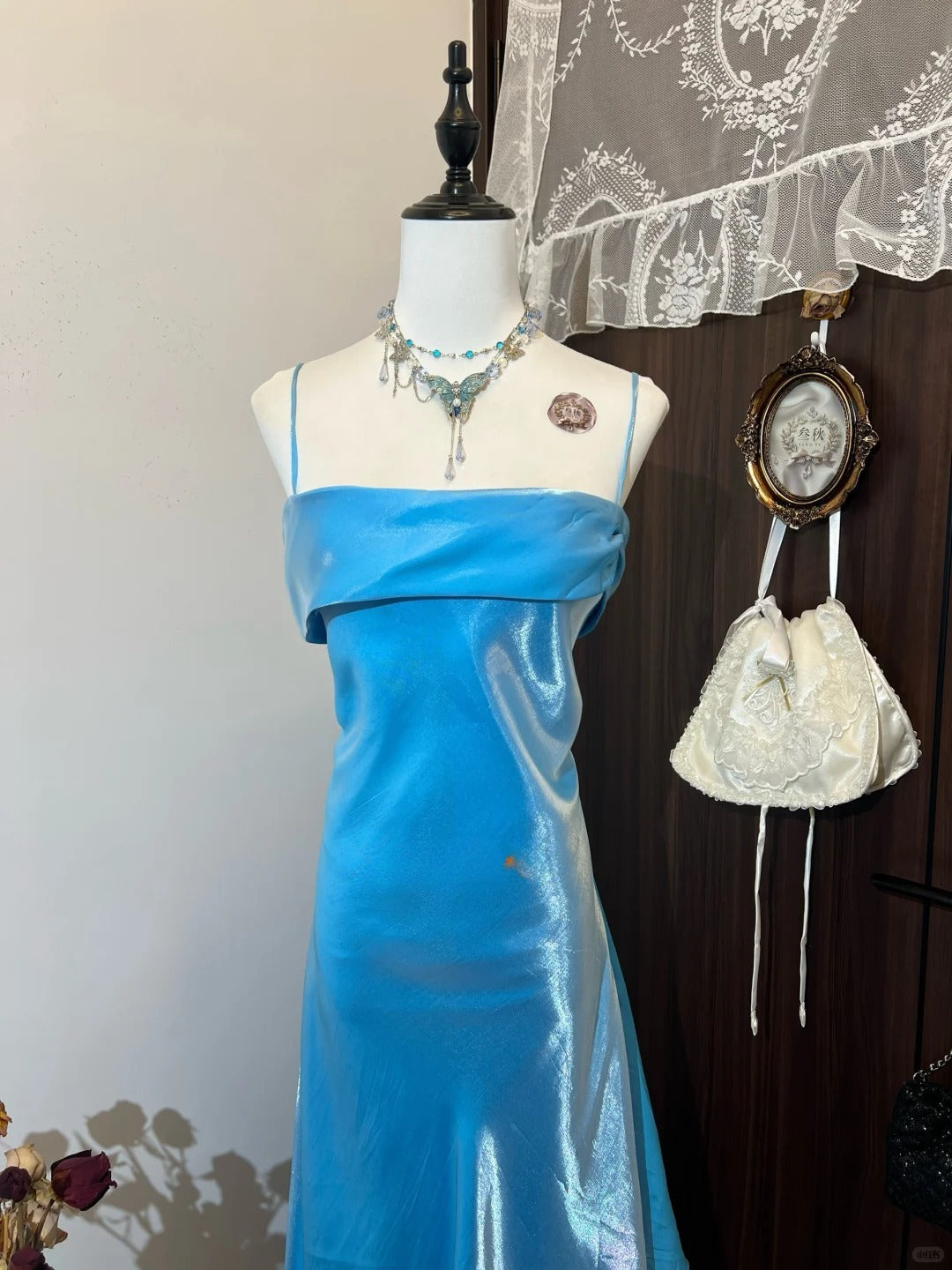Vintage Blue Sheath Formal Dress Elegant Satin Spaghetti Straps Long Prom Dresses Classy 18th Birthday Outfit ED03643