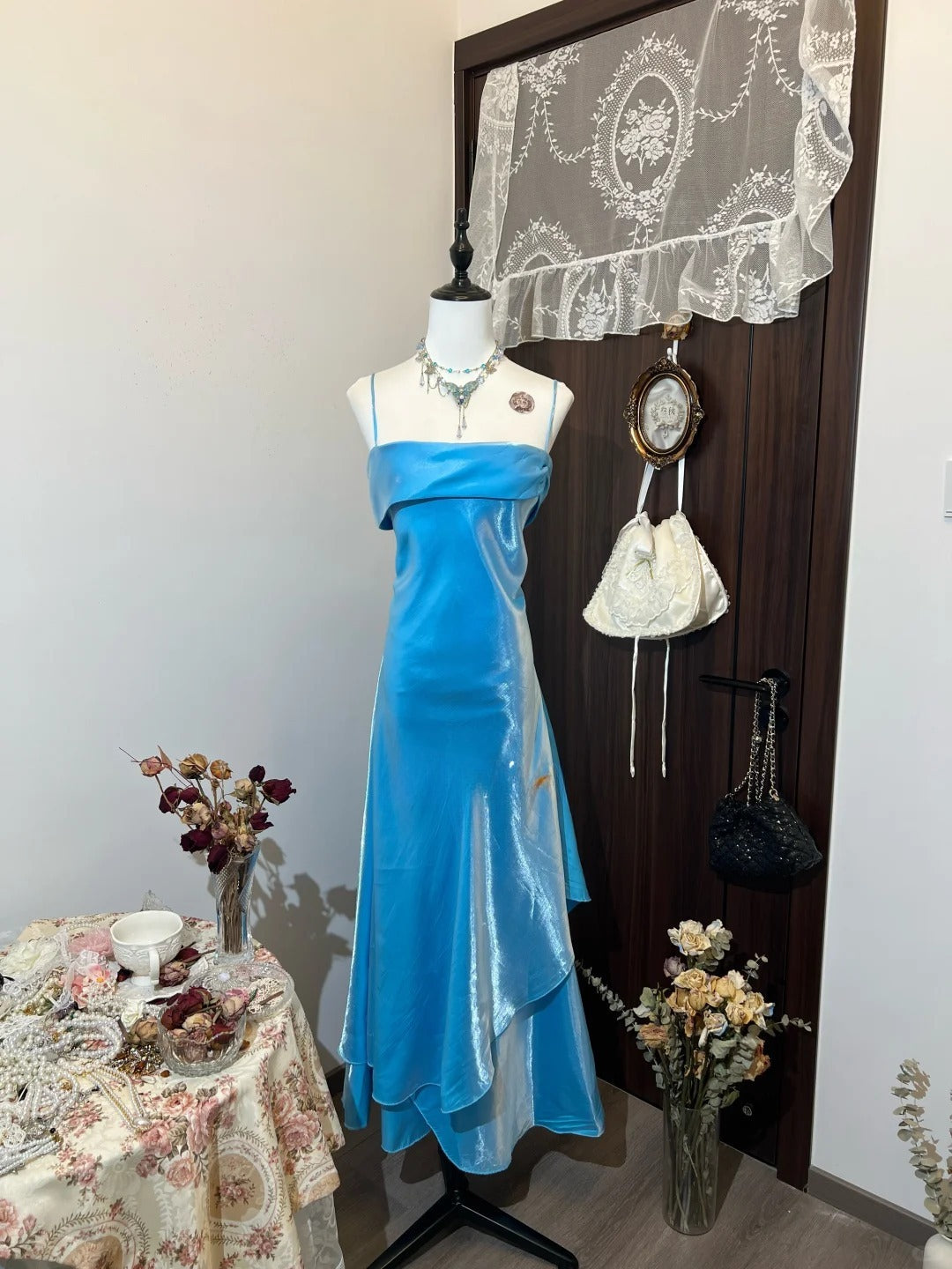 Vintage Blue Sheath Formal Dress Elegant Satin Spaghetti Straps Long Prom Dresses Classy 18th Birthday Outfit ED03643
