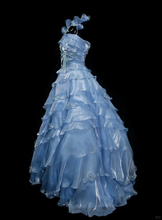 Elegant Light Blue Organza Long Ball Gowns Beaded Appliqués Tiered Bridal Gowns Cute Quinceanera Dress ED03647