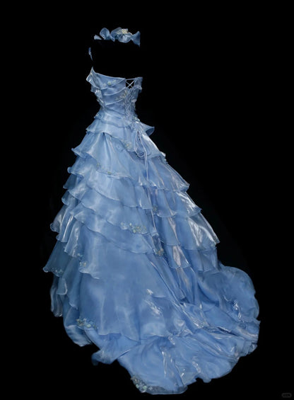 Elegant Light Blue Organza Long Ball Gowns Beaded Appliqués Tiered Bridal Gowns Cute Quinceanera Dress ED03647