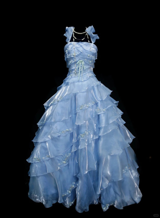 Elegant Light Blue Organza Long Ball Gowns Beaded Appliqués Tiered Bridal Gowns Cute Quinceanera Dress ED03647