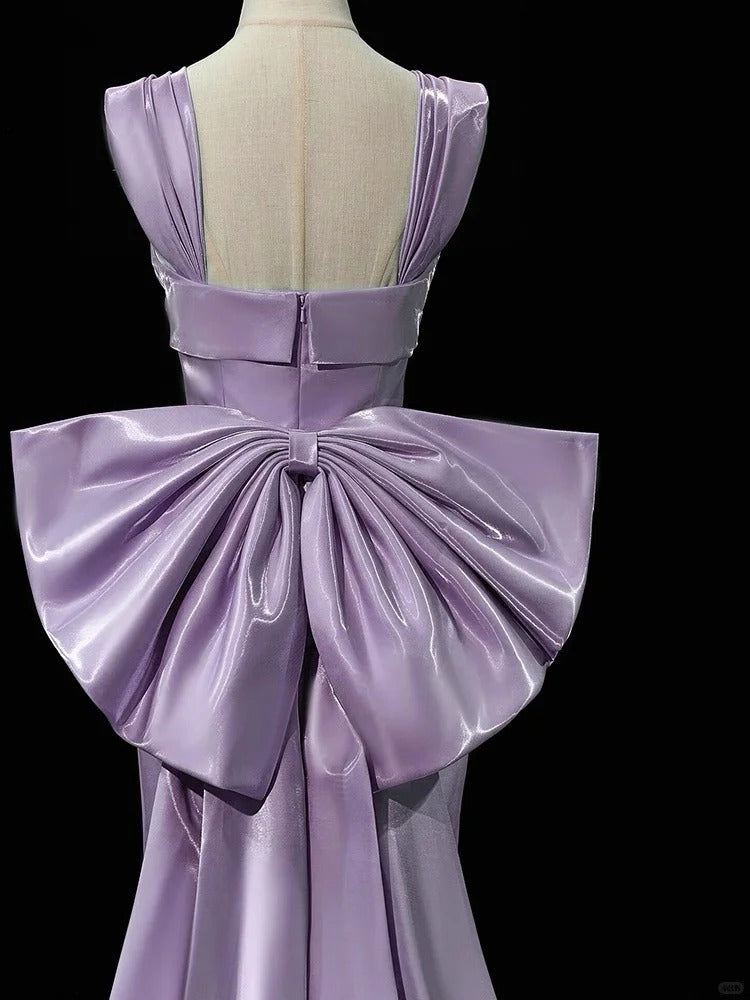 Gorgeous Purple Mermaid Evening Gowns Elegant Satin Square Neck Long Prom Dresses with Bow ED03651