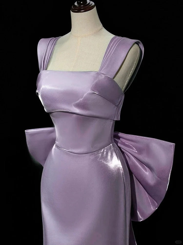 Gorgeous Purple Mermaid Evening Gowns Elegant Satin Square Neck Long Prom Dresses with Bow ED03651