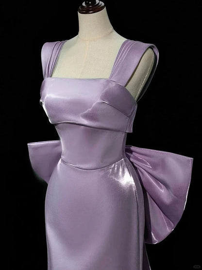 Gorgeous Purple Mermaid Evening Gowns Elegant Satin Square Neck Long Prom Dresses with Bow ED03651