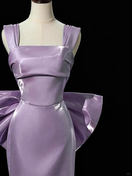 Gorgeous Purple Mermaid Evening Gowns Elegant Satin Square Neck Long Prom Dresses with Bow ED03651