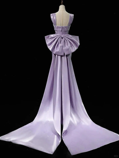 Gorgeous Purple Mermaid Evening Gowns Elegant Satin Square Neck Long Prom Dresses with Bow ED03651