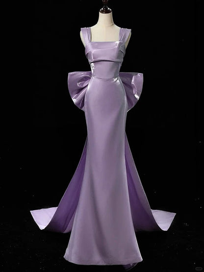 Gorgeous Purple Mermaid Evening Gowns Elegant Satin Square Neck Long Prom Dresses with Bow ED03651