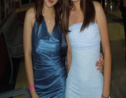 Modest Blue Strapless Sheath Short Homecoming Dress Fashion Sparkly Party Dress Satin 18th Birthday Outfit ED03655