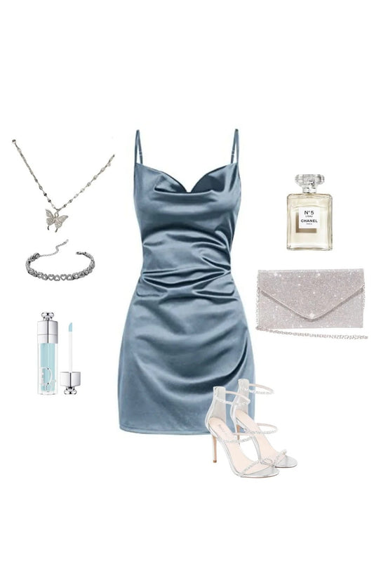Modest Gray Blue Spaghetti Strap Sheath Short Homecoming Outfit Fashion Satin Birthday Dress Middle School Hoco Dresses ED03659