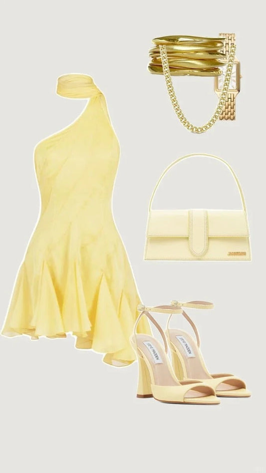 Stunning Butter Yellow Halter Neck Ball Gown One Shoulder Short Formal Dress Chiffon Homecoming Dresses Elegant Birthday Outfit Party Dresses ED03663