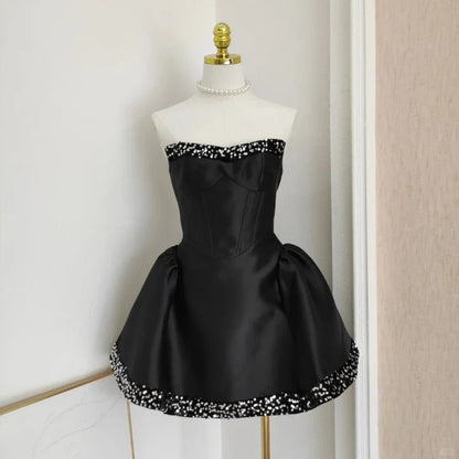 Stunning Black Strapless Short Ball Gown Sequin Formal Dress Homecoming Dresses Satin Elegant Birthday Outfit Party Dresses ED03665
