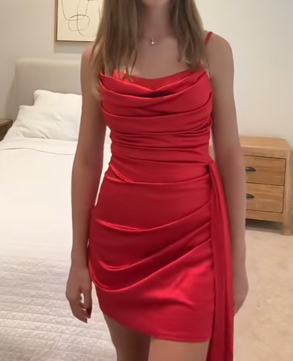 Stunning Red Spaghetti Strap Sheath Short Formal Dress Homecoming Dresses Satin Elegant Birthday Outfit Party Dresses ED03666