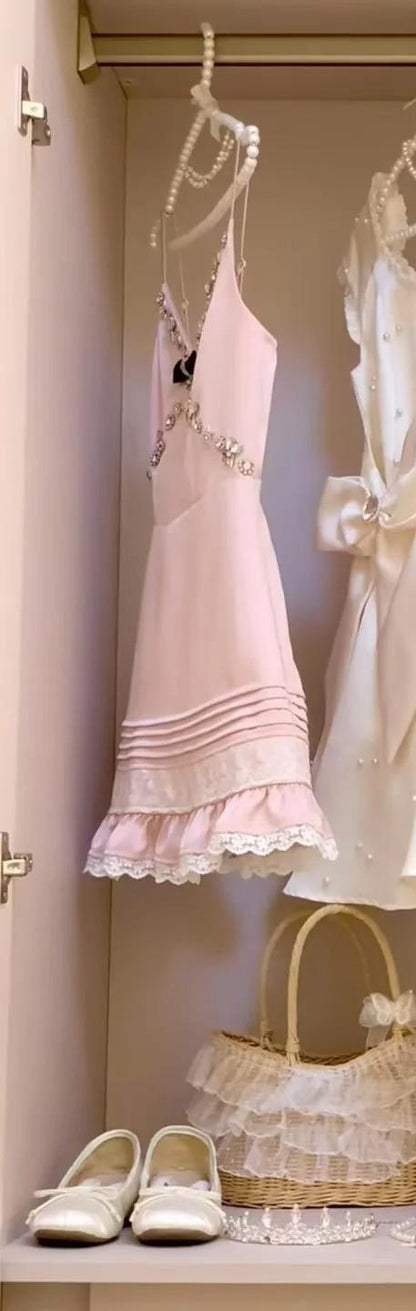 Stunning Pink Spaghetti Strap Sheath Short Formal Dress Lace Chiffon Homecoming Dresses Elegant Beaded Birthday Outfit Party Dresses ED03667
