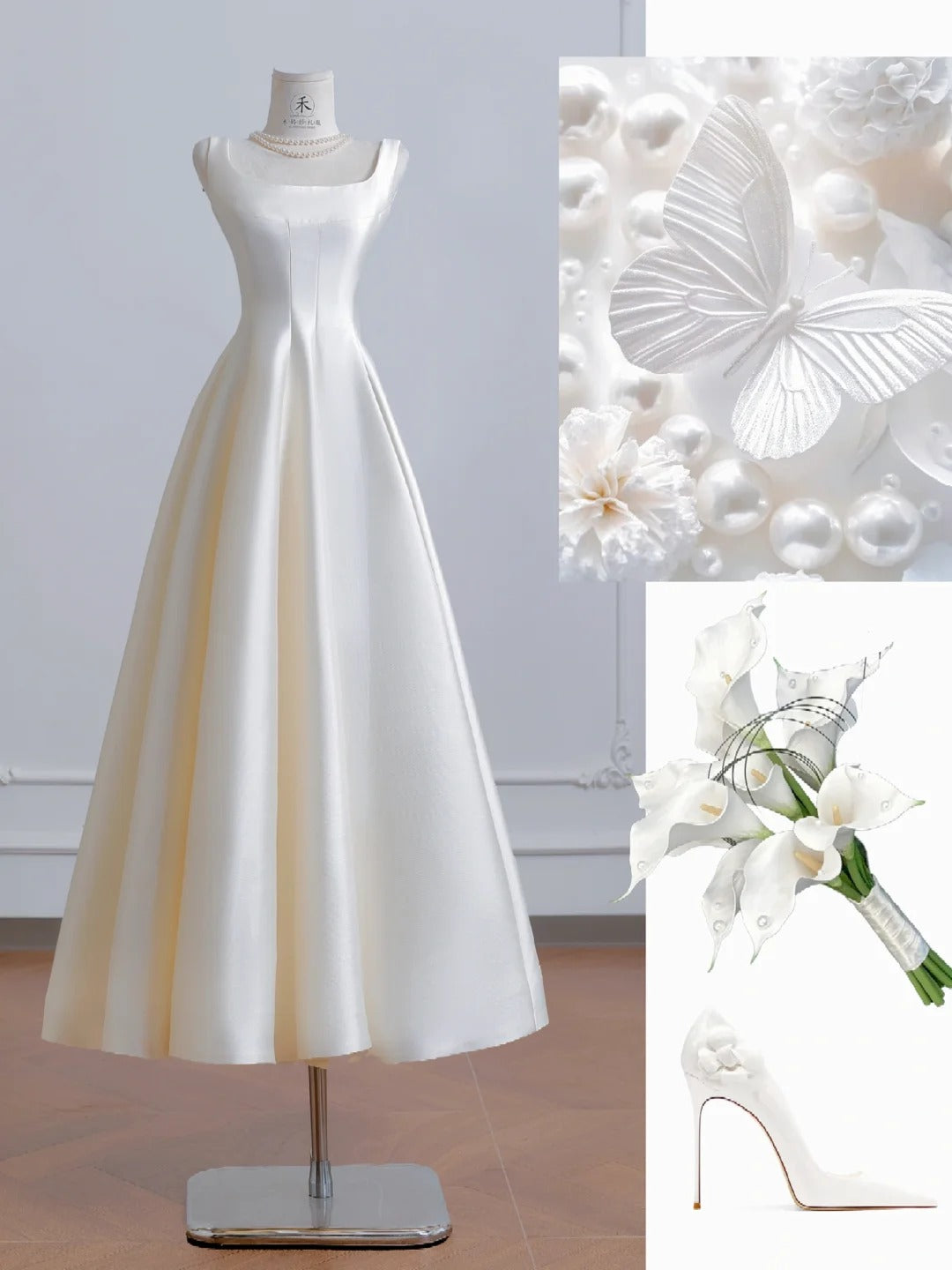 Elegant Ivory Square Neck Bridal Dress A-Line Satin Wedding Dress Simple Bridesmaid Dress ED03703