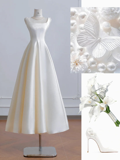 Elegant Ivory Square Neck Bridal Dress A-Line Satin Wedding Dress Simple Bridesmaid Dress ED03703