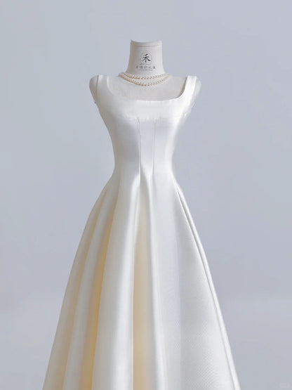 Elegant Ivory Square Neck Bridal Dress A-Line Satin Wedding Dress Simple Bridesmaid Dress ED03703