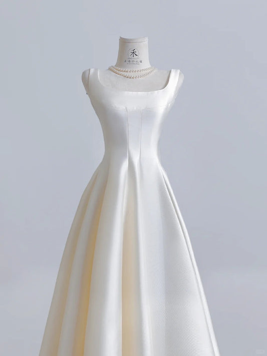 Elegant Ivory Square Neck Bridal Dress A-Line Satin Wedding Dress Simple Bridesmaid Dress ED03703