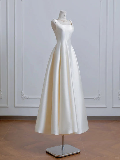 Elegant Ivory Square Neck Bridal Dress A-Line Satin Wedding Dress Simple Bridesmaid Dress ED03703