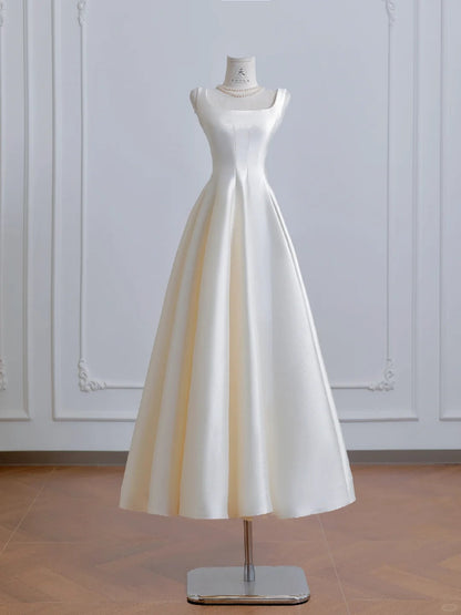 Elegant Ivory Square Neck Bridal Dress A-Line Satin Wedding Dress Simple Bridesmaid Dress ED03703