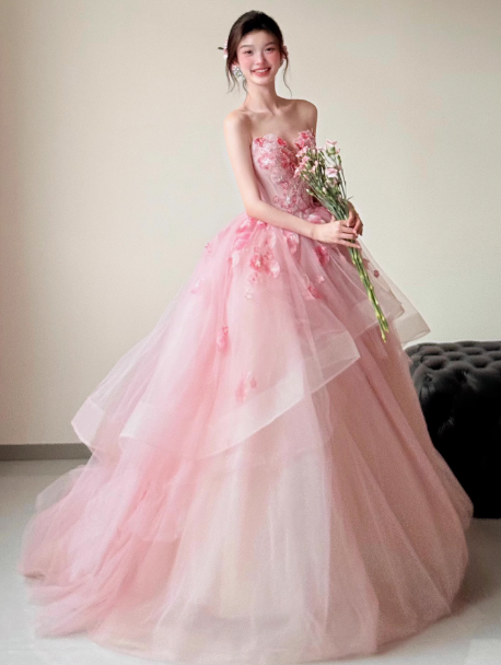 Stunning Ball Gown Sweetheart Neck Quinceanera Dress Pink Wedding Dress Tulle Applique Sweet Birthday Prom Dress ED03722