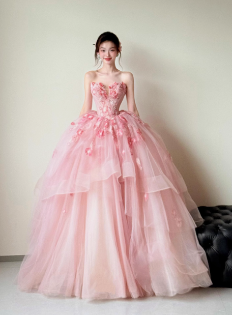 Stunning Ball Gown Sweetheart Neck Quinceanera Dress Pink Wedding Dress Tulle Applique Sweet Birthday Prom Dress ED03722