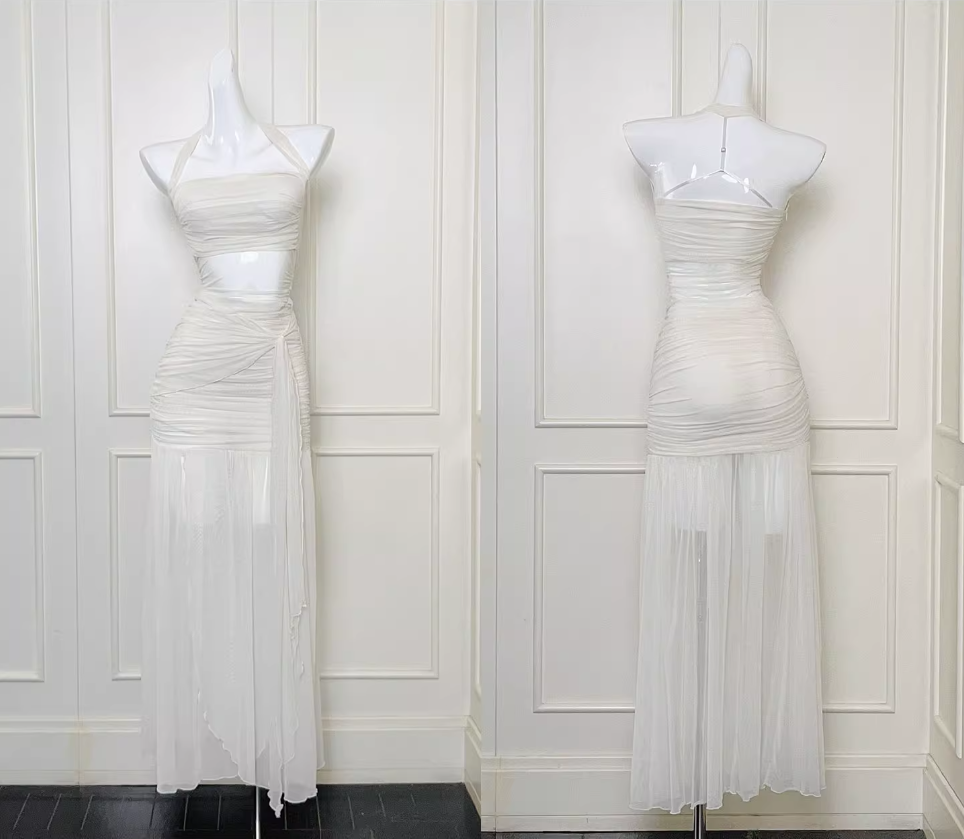 Stunning White Mermaid Halter Long Prom Dress Chiffon Formal Dress Birthday Evening Dress ED03723