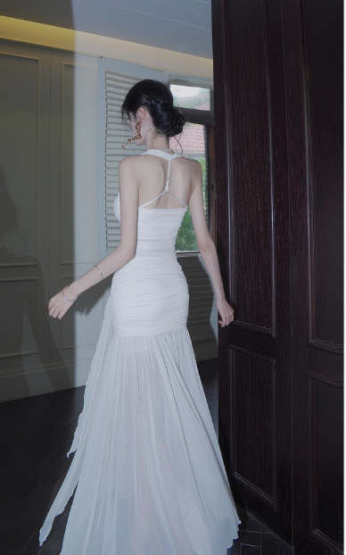 Stunning White Mermaid Halter Long Prom Dress Chiffon Formal Dress Birthday Evening Dress ED03723