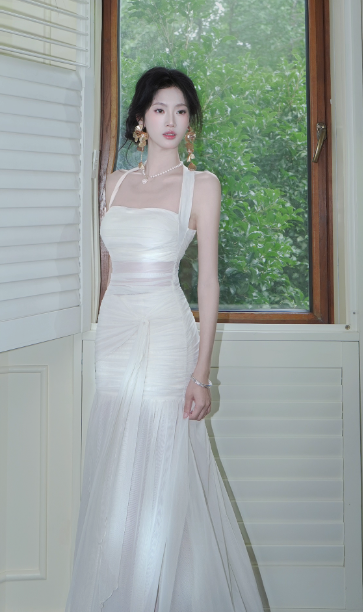 Stunning White Mermaid Halter Long Prom Dress Chiffon Formal Dress Birthday Evening Dress ED03723