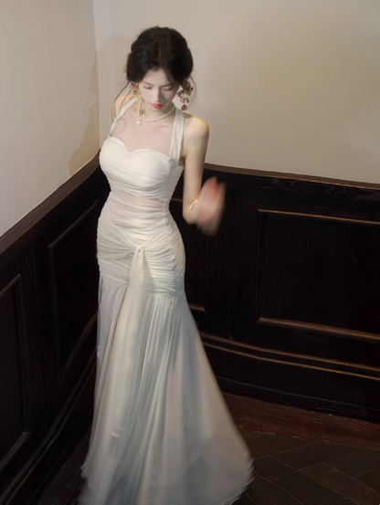 Stunning White Mermaid Halter Long Prom Dress Chiffon Formal Dress Birthday Evening Dress ED03723