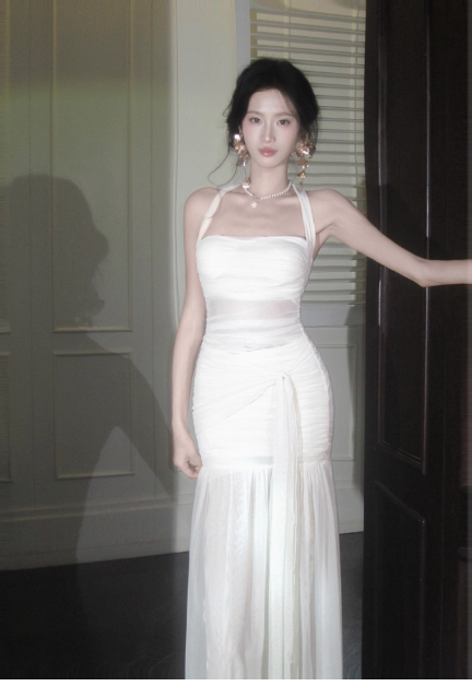 Stunning White Mermaid Halter Long Prom Dress Chiffon Formal Dress Birthday Evening Dress ED03723