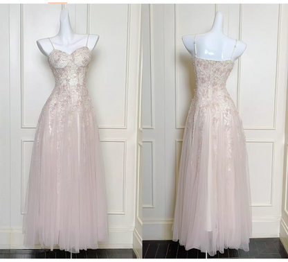 Stunning Spaghetti Strap A-Line Long Prom Dress Sequined Tulle Formal Dress Sweet Birthday Outfit ED03725