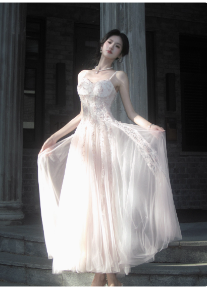 Stunning Spaghetti Strap A-Line Long Prom Dress Sequined Tulle Formal Dress Sweet Birthday Outfit ED03725