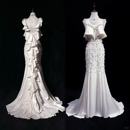 Vintage Mermaid V-neck Long Prom Dress Elegant Beaded Formal Dress Backless Evening Gowns ED03726