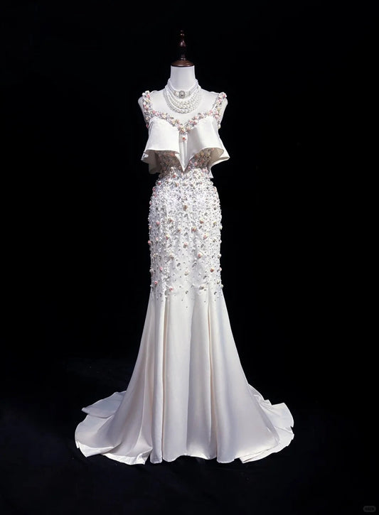 Vintage Mermaid V-neck Long Prom Dress Elegant Beaded Formal Dress Backless Evening Gowns ED03726