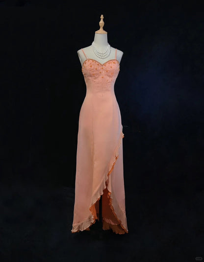 Vintage Sheath Spaghetti Strap Long Prom Dress Fairytale Chiffon Beaded Formal Dress Coral Birthday Party Dress ED03727