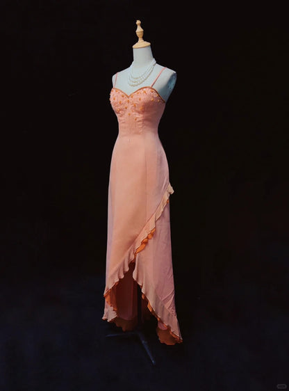 Vintage Sheath Spaghetti Strap Long Prom Dress Fairytale Chiffon Beaded Formal Dress Coral Birthday Party Dress ED03727