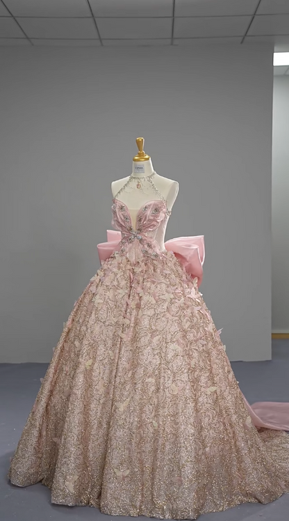 Fairytale Pink Ball Gown Halter Long Prom Dress Halter Neck Beaded Quinceanera Dress 3D Butterfly Sweet 18 Dress ED03728