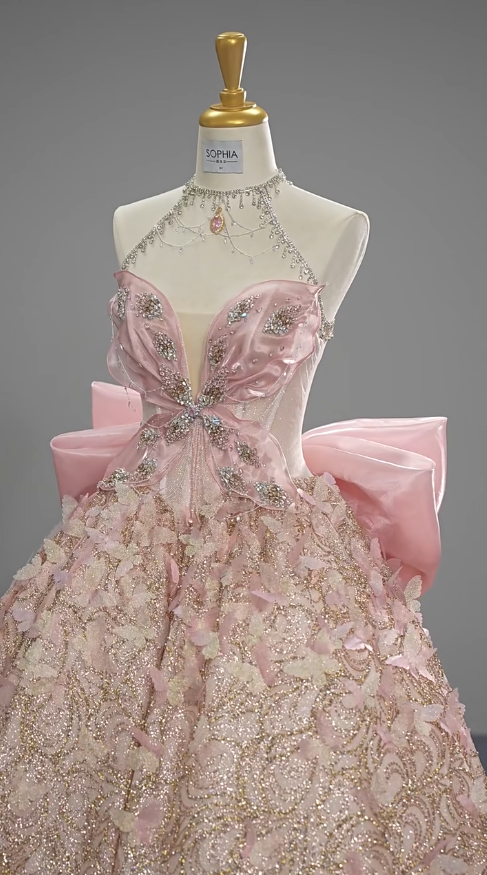 Fairytale Pink Ball Gown Halter Long Prom Dress Halter Neck Beaded Quinceanera Dress 3D Butterfly Sweet 18 Dress ED03728