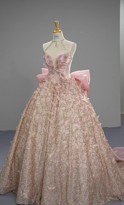 Fairytale Pink Ball Gown Halter Long Prom Dress Halter Neck Beaded Quinceanera Dress 3D Butterfly Sweet 18 Dress ED03728