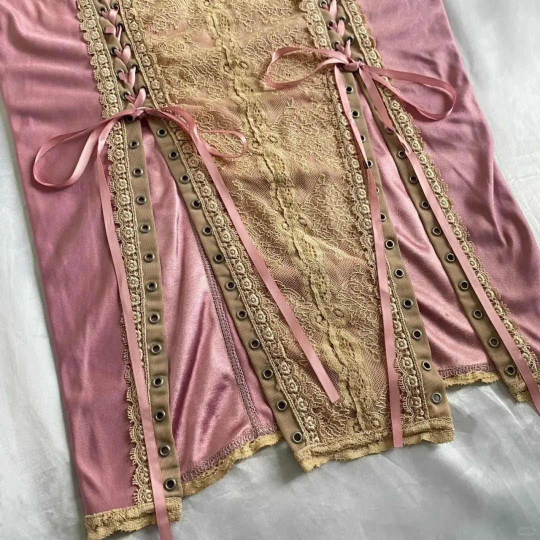 Elegant Pink Sheath Spaghetti Strap Prom Dress Satin Lace Vintage Birthday Party Dress Evening Gown ED03729