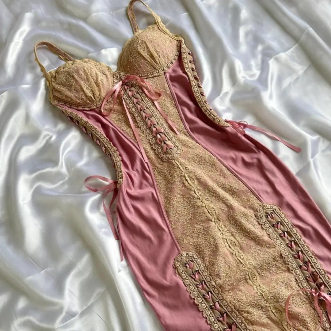 Elegant Pink Sheath Spaghetti Strap Prom Dress Satin Lace Vintage Birthday Party Dress Evening Gown ED03729