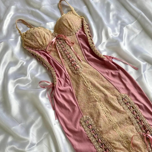 Elegant Pink Sheath Spaghetti Strap Prom Dress Satin Lace Vintage Birthday Party Dress Evening Gown ED03729