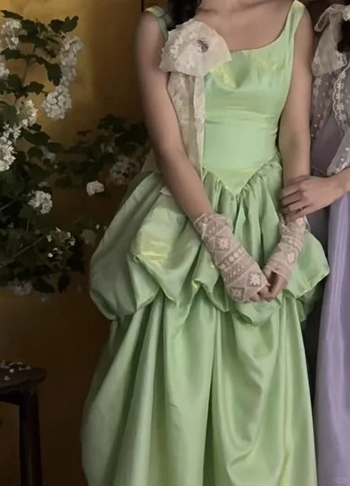Sweet Green Ball Gown Boat Neck Long Prom Dress Satin Birthday Party Dress Formal Evening Dress ED03730