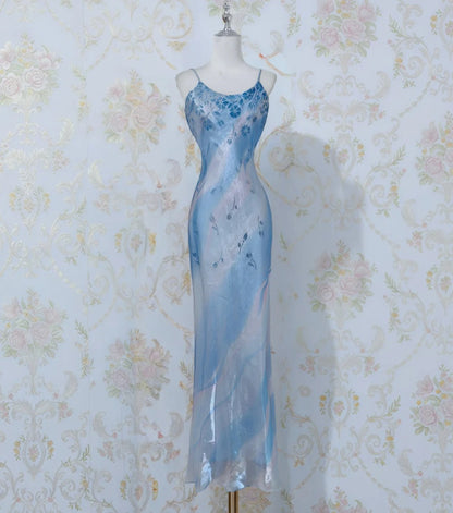 Elegant Blue Spaghetti Strap Sheath Long Prom Dress Vintage Chiffon Formal Evening Dress Party Dress ED03731
