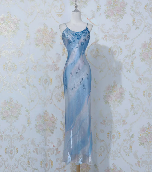 Elegant Blue Spaghetti Strap Sheath Long Prom Dress Vintage Chiffon Formal Evening Dress Party Dress ED03731