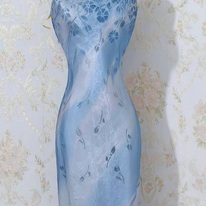 Elegant Blue Spaghetti Strap Sheath Long Prom Dress Vintage Chiffon Formal Evening Dress Party Dress ED03731