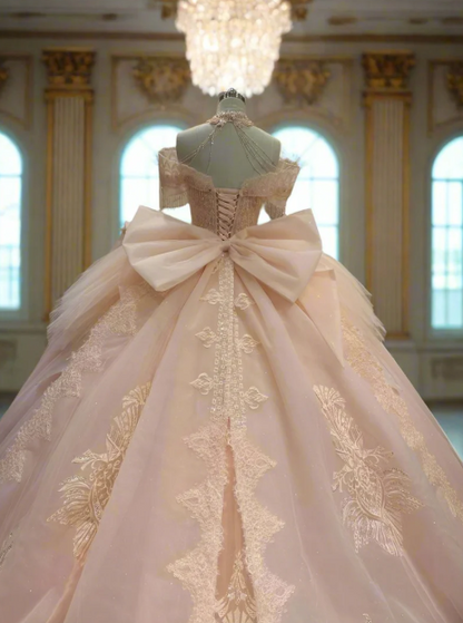 Sweet Pink Off-the-shoulder Ball Gown Birthday Dress Tulle Beaded Long Prom Dress Applique Quinceanera Dress ED03733