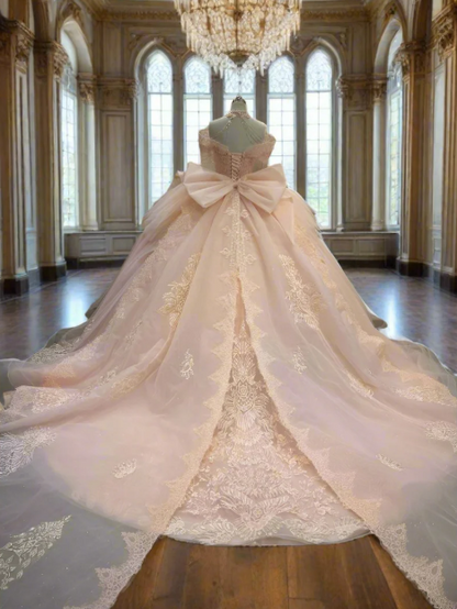 Sweet Pink Off-the-shoulder Ball Gown Birthday Dress Tulle Beaded Long Prom Dress Applique Quinceanera Dress ED03733